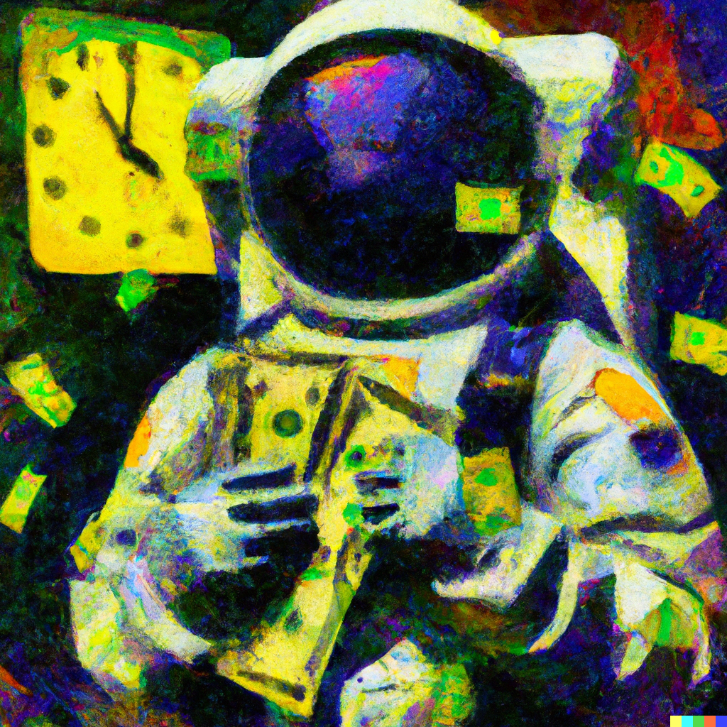 Astronaut with money and time by Dall-e