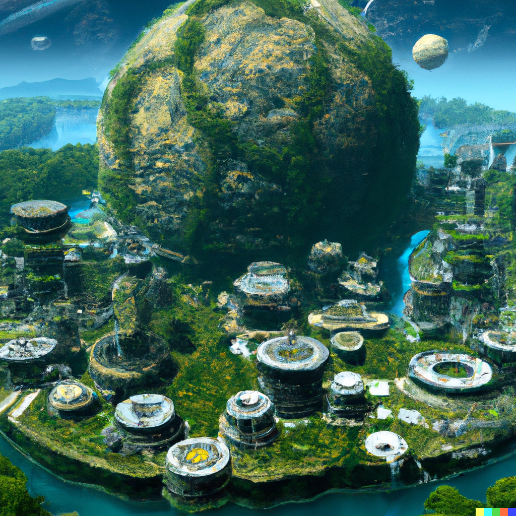 Verdant town in space, created by Dall-e