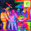 Group of astronauts shopping at a galactic night market, created by Dall-e